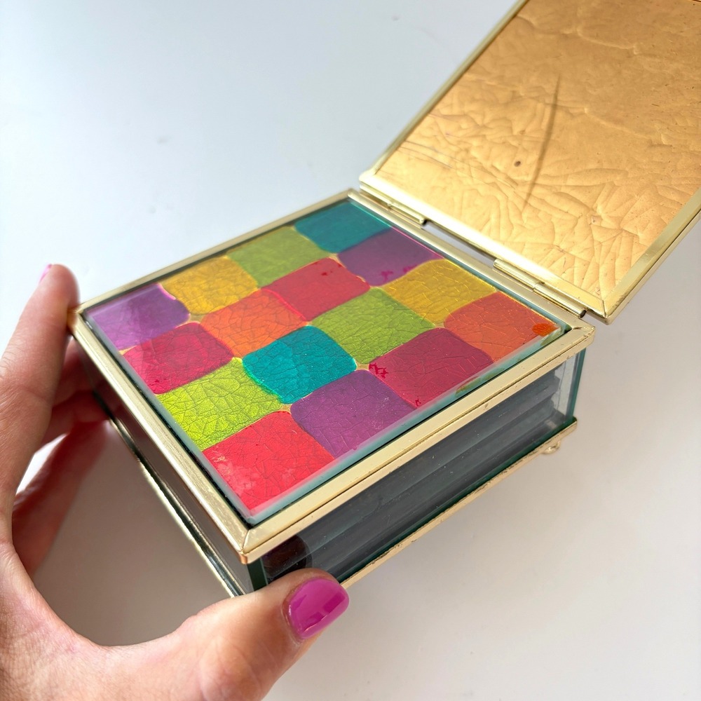 Vintage Glass Coaster Set 6pc Multi‎ Color Patchwork Brass Tone Footed Box MCM